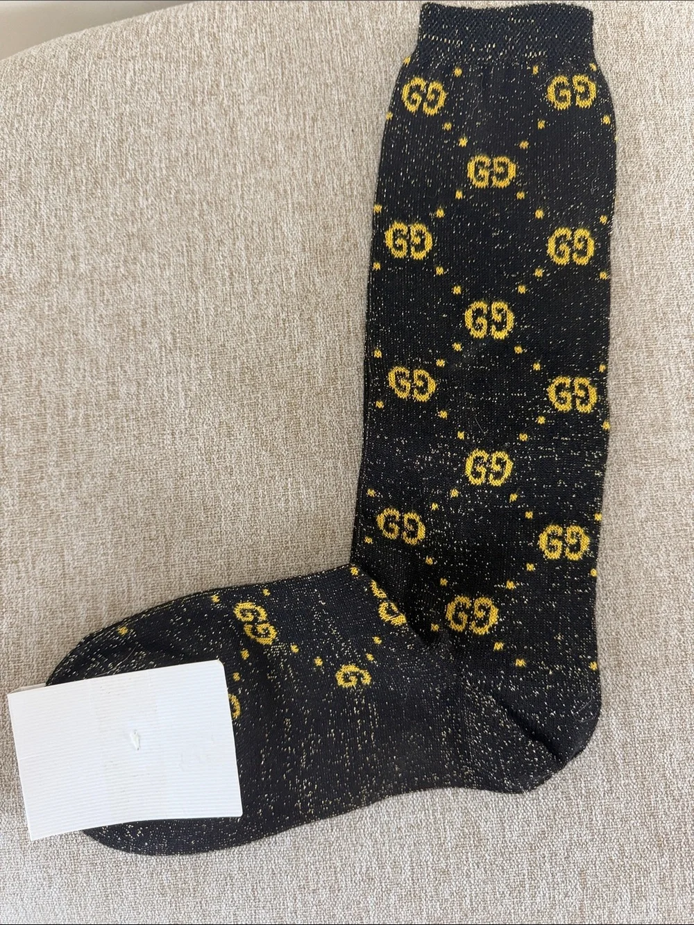 Gucci Black and Gold GG Jacquard Crew Socks in Youth Size L NWT